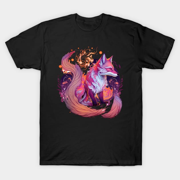 Purple Kitsune Fox Floral Japanese Folklore T-Shirt by RetroZin